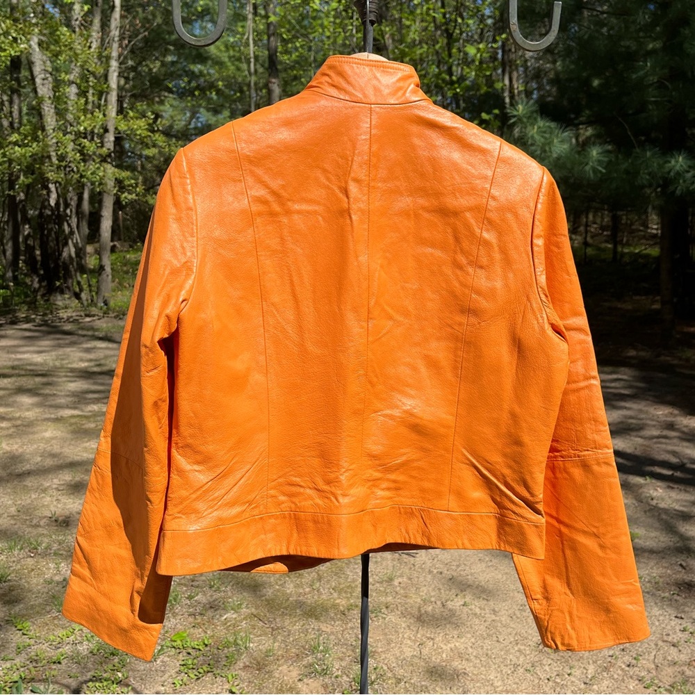 Y2K Metro Style Neon Orange Racing 100% Genuine Leather Jacket Women’s Size L - Picture 2 of 16